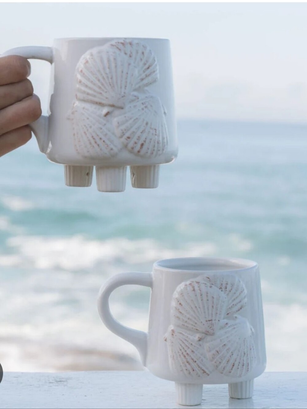 NEW Beachly Morning Tide Mugs Set of 2 Shell Footed Ceramic Coffee Tea Cups